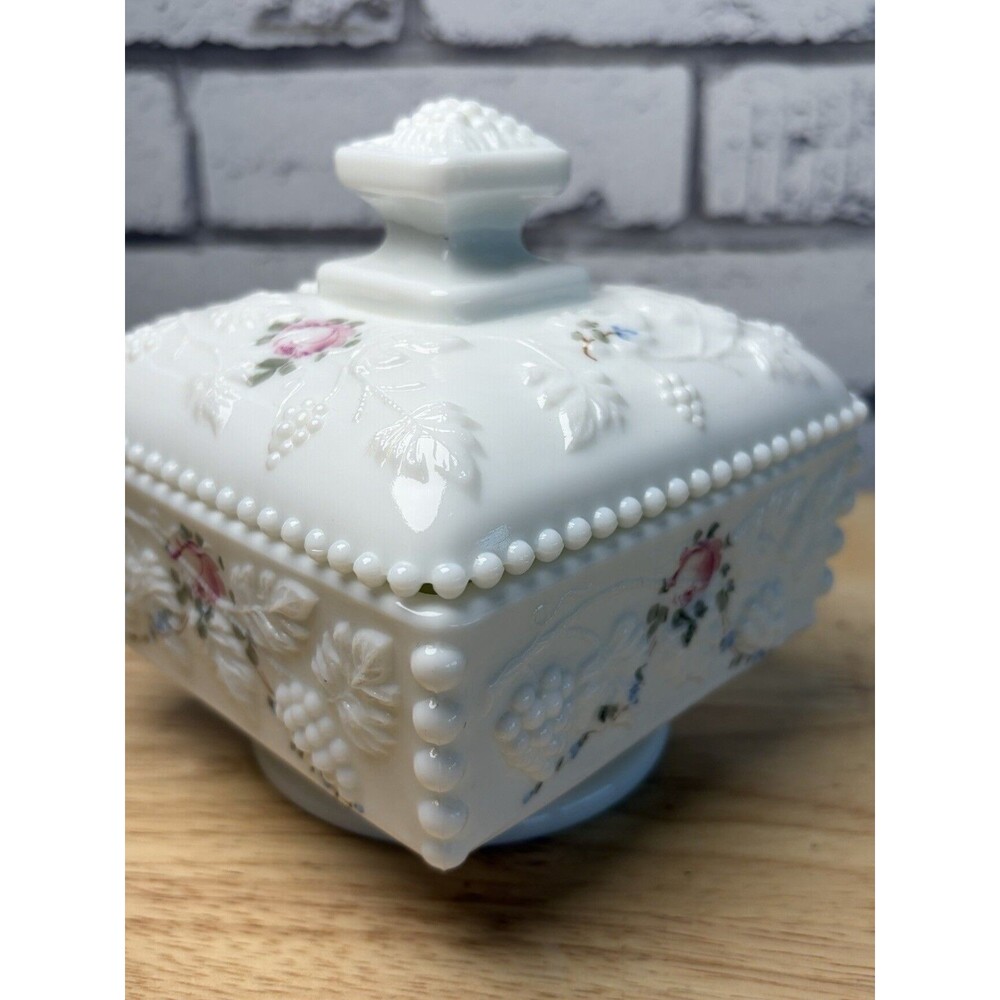 Westmoreland Milk Glass Candy Dish Lidded Paneled Grape Painted Flowers Footed - Picture 6 of 13